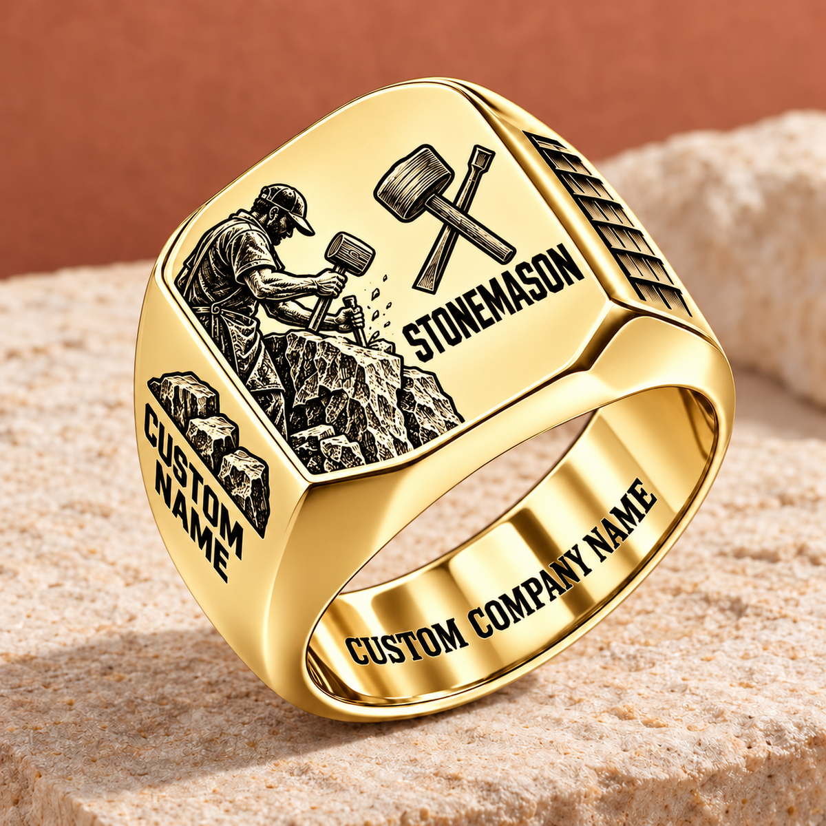 Personalized Stonemason Split Emblem signet ring in gold, Custom Name and Custom Company Name