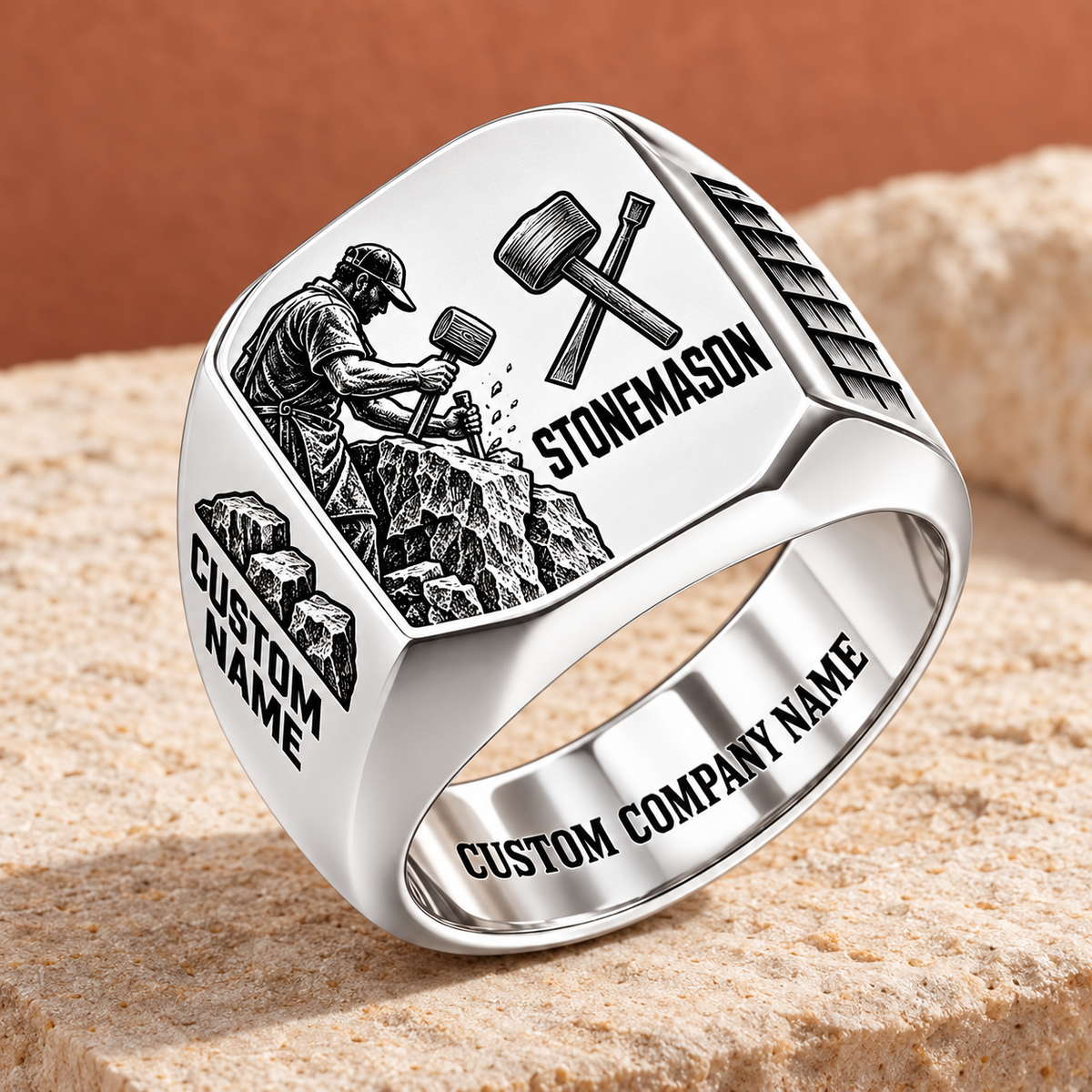 Personalized Stonemason Split Emblem signet ring in silver, Custom Name and Custom Company Name