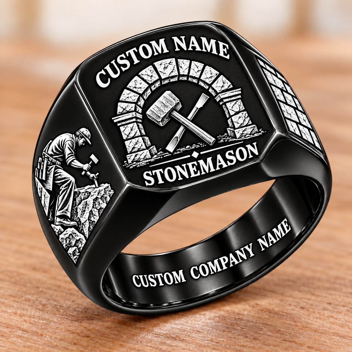 Personalized Stonemason Heritage Emblem signet ring in black, Custom Name and Custom Company Name