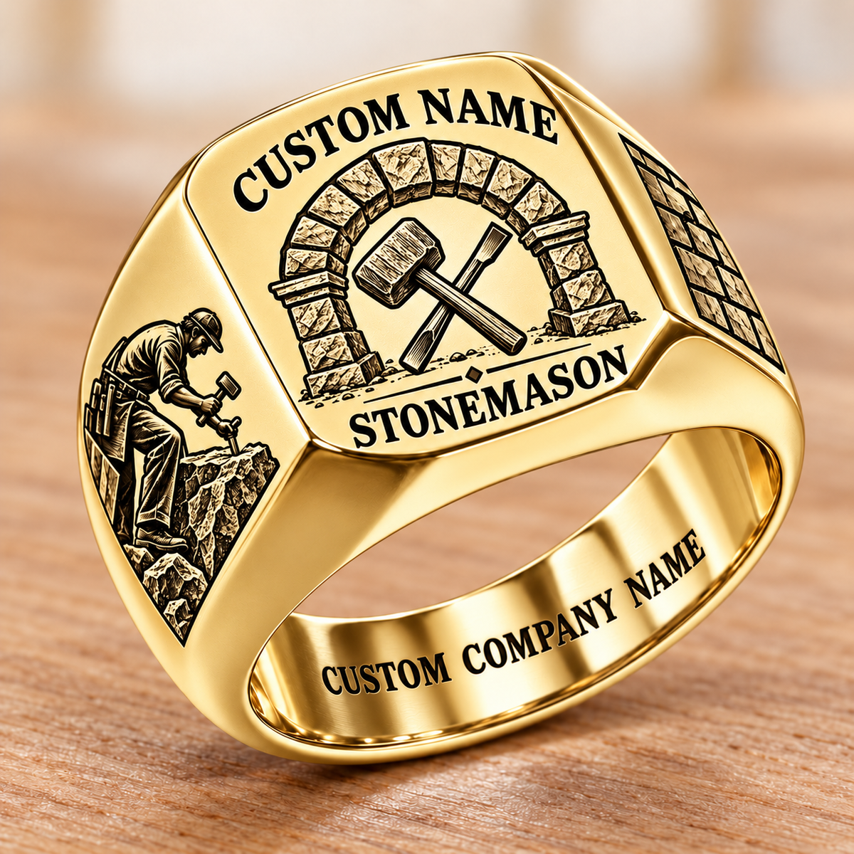 Personalized Stonemason Heritage Emblem signet ring in gold, Custom Name and Custom Company Name
