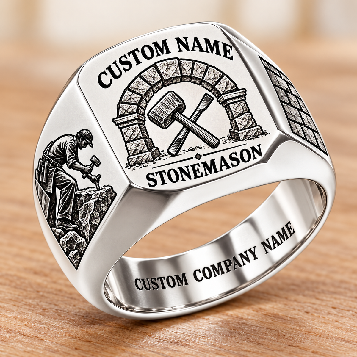 Personalized Stonemason Heritage Emblem signet ring in silver, Custom Name and Custom Company Name