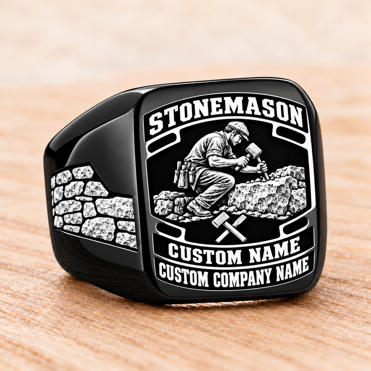 Personalized stonemason Black Face Badge signet ring in black, Custom Name and Custom Company Name