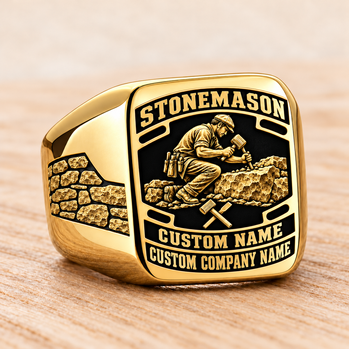 Personalized stonemason Black Face Badge signet ring in gold, Custom Name and Custom Company Name