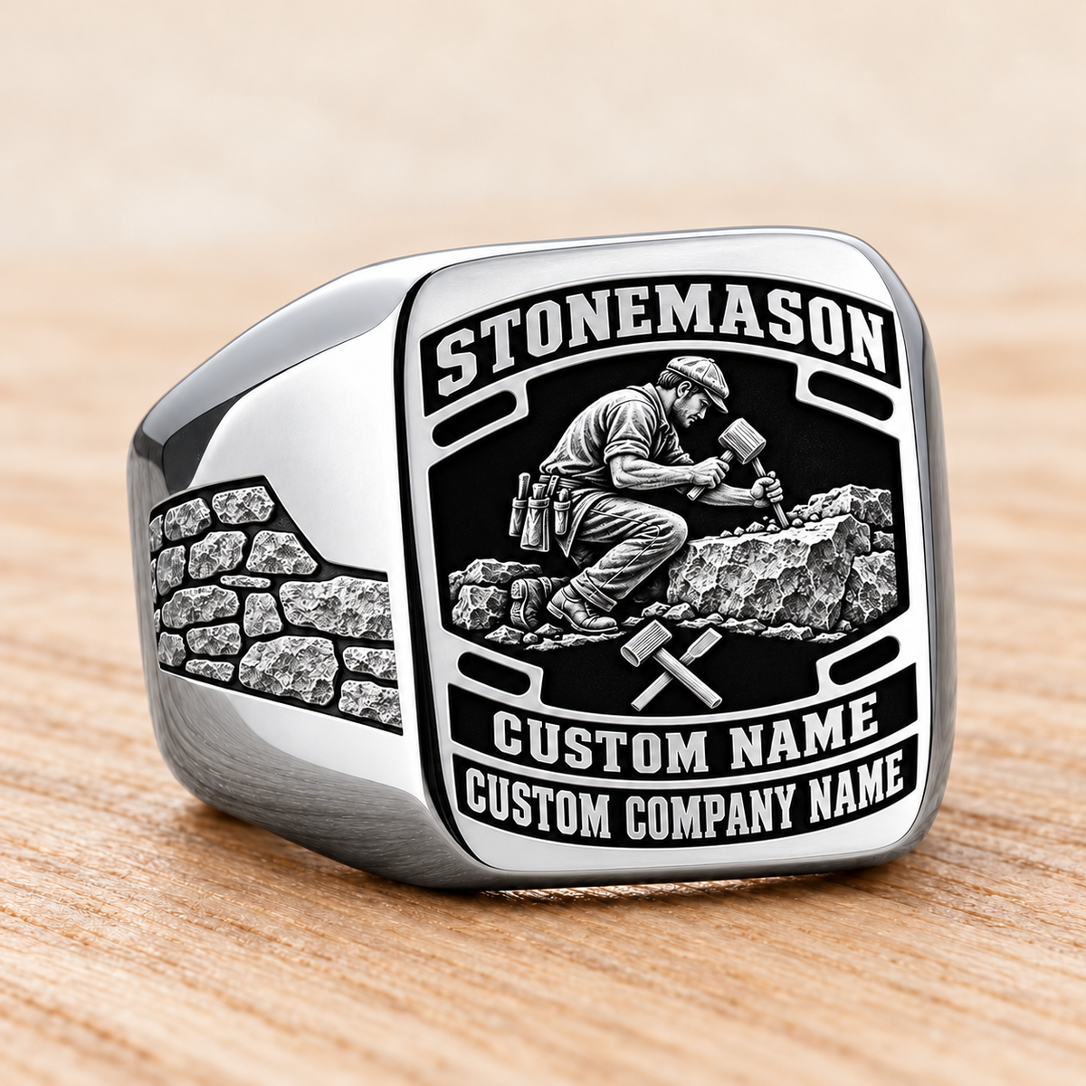 Personalized stonemason Black Face Badge signet ring in silver, Custom Name and Custom Company Name