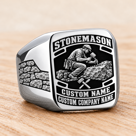 Personalized stonemason Black Face Badge signet ring in silver, Custom Name and Custom Company Name