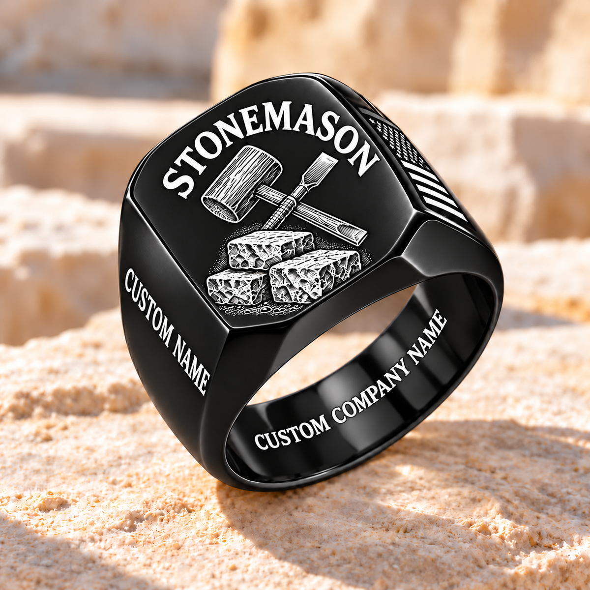 Personalized Stonemason Classic Emblem ring in black with mallet, chisel and stonework, Custom Name and Custom Company Name