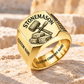Personalized Stonemason Classic Emblem ring in gold with mallet, chisel and stonework, Custom Name and Custom Company Name