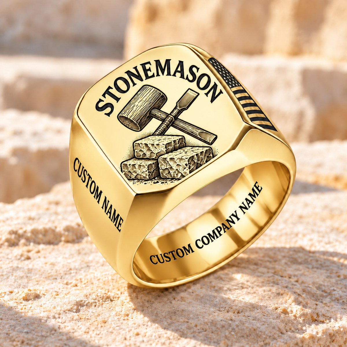 Personalized Stonemason Classic Emblem ring in gold with mallet, chisel and stonework, Custom Name and Custom Company Name