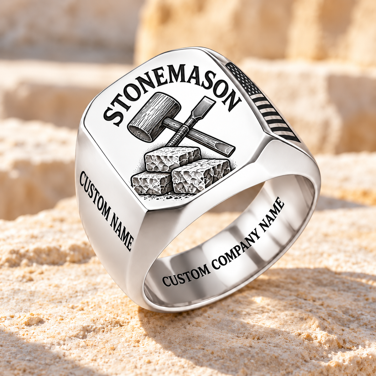Personalized Stonemason Classic Emblem ring in silver with mallet, chisel and stonework, Custom Name and Custom Company Name