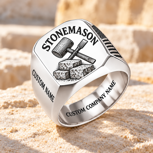 Personalized Stonemason Classic Emblem ring in silver with mallet, chisel and stonework, Custom Name and Custom Company Name