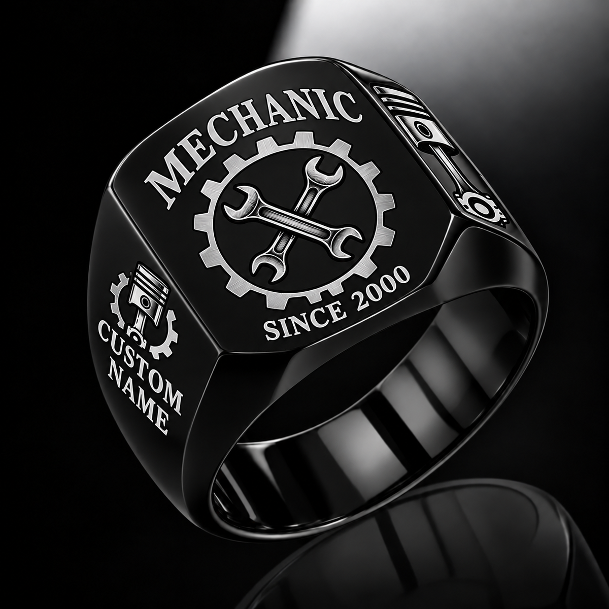 Mechanic Classic Emblem ring in Black, showing CUSTOM NAME and SINCE 2000