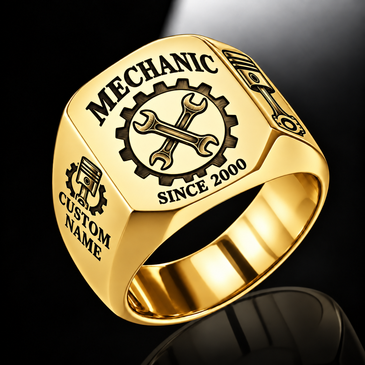 Mechanic Classic Emblem ring in Gold, showing CUSTOM NAME and SINCE 2000