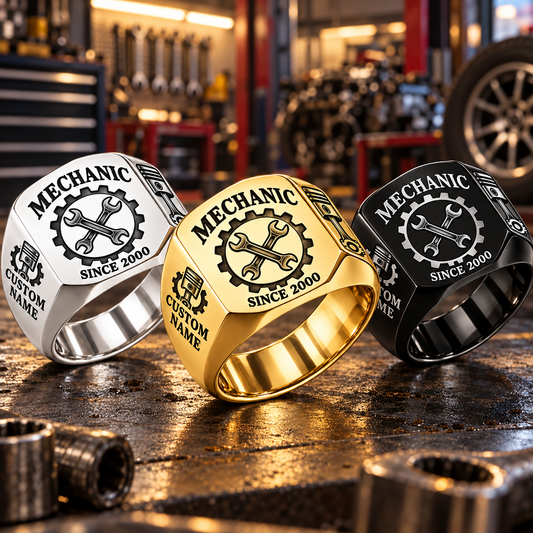Mechanic Classic Emblem personalized ring in Silver, Gold and Black with CUSTOM NAME and SINCE 2000 on a mechanic-themed background