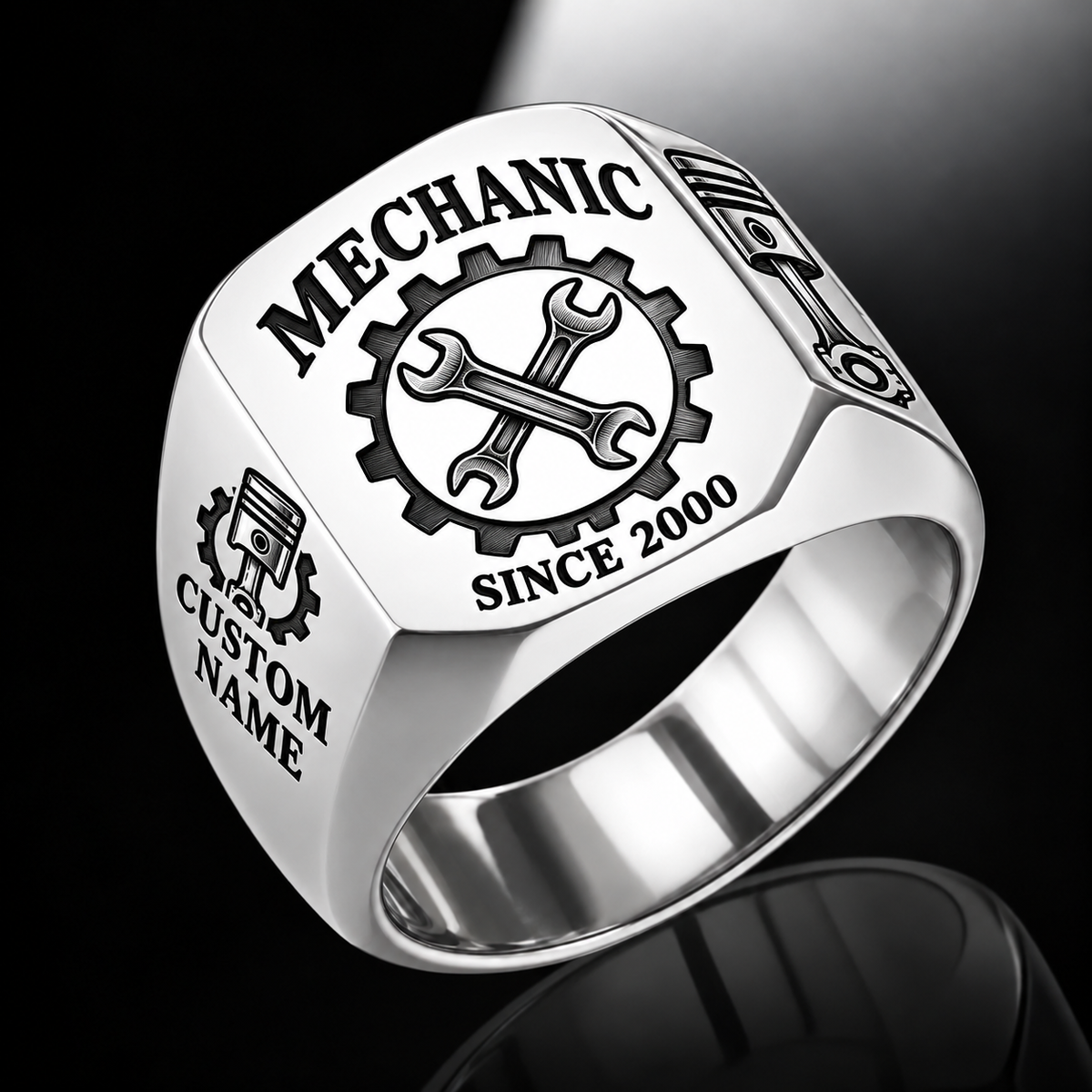 Mechanic Classic Emblem ring in Silver, showing CUSTOM NAME and SINCE 2000