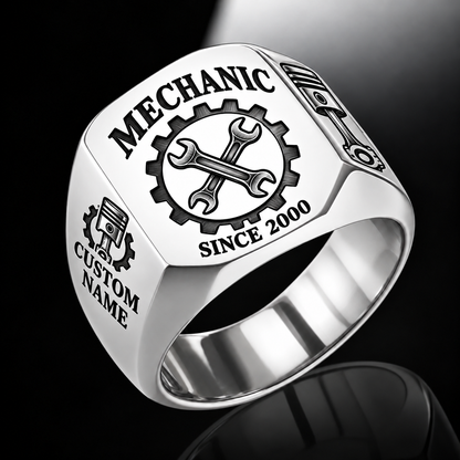Mechanic Classic Emblem ring in Silver, showing CUSTOM NAME and SINCE 2000