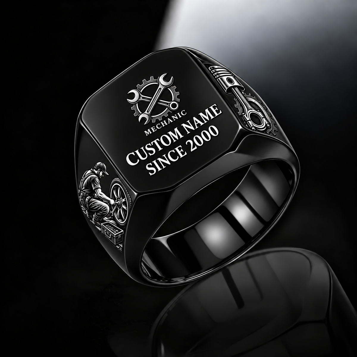Mechanic Signature Crest ring in Black, showing CUSTOM NAME and SINCE 2000