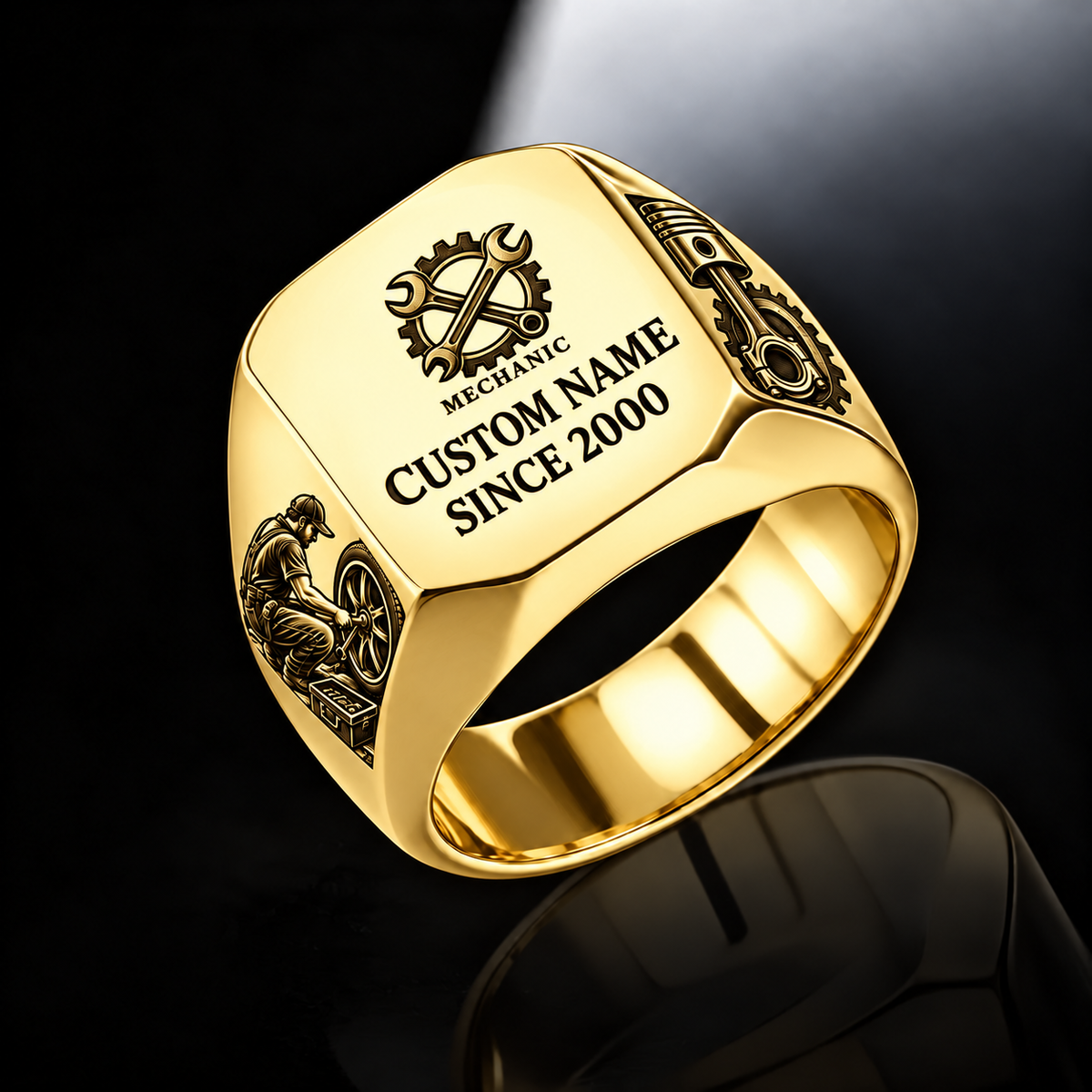 Mechanic Signature Crest ring in Gold, showing CUSTOM NAME and SINCE 2000