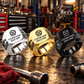 Mechanic Signature Crest personalized ring in Silver, Gold and Black with CUSTOM NAME and SINCE 2000 on a mechanic-themed background