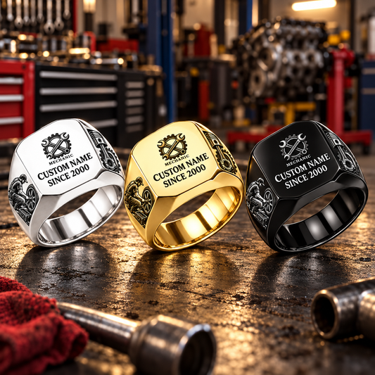 Mechanic Signature Crest personalized ring in Silver, Gold and Black with CUSTOM NAME and SINCE 2000 on a mechanic-themed background