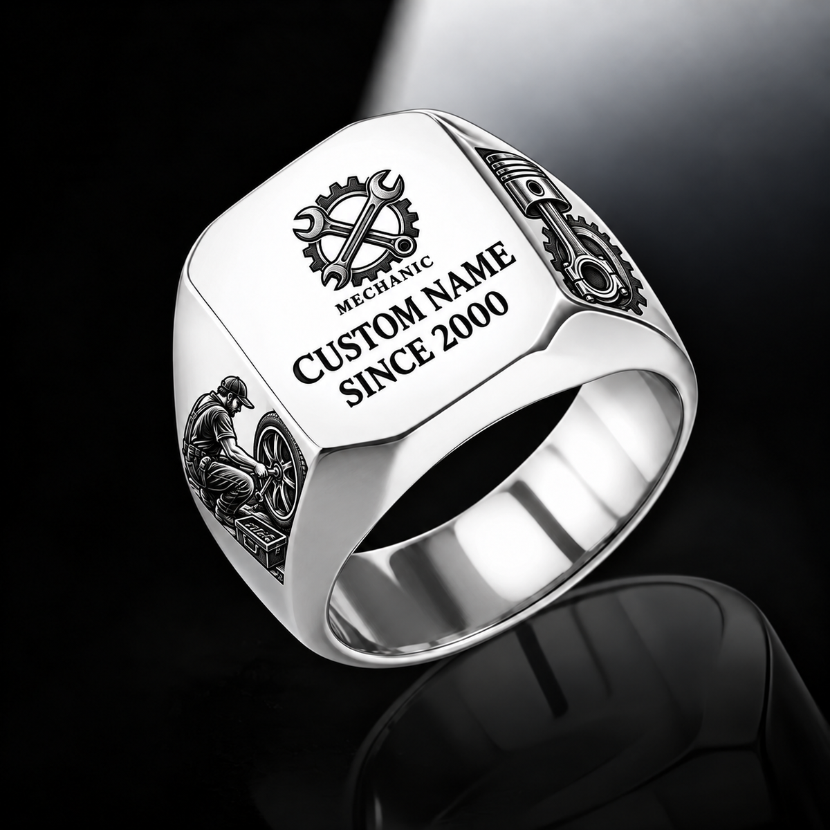Mechanic Signature Crest ring in Silver, showing CUSTOM NAME and SINCE 2000