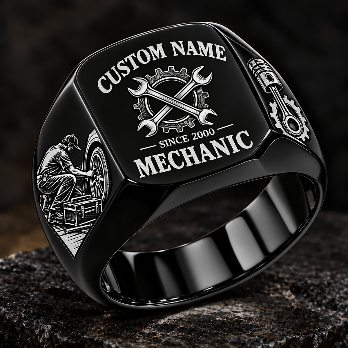 Mechanic Heritage Emblem ring in Black, showing CUSTOM NAME and SINCE 2000