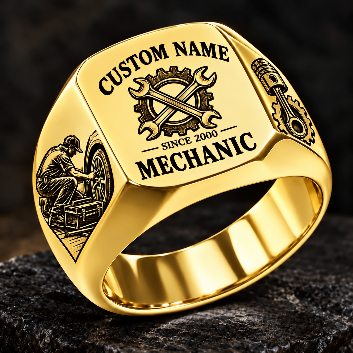 Mechanic Heritage Emblem ring in Gold, showing CUSTOM NAME and SINCE 2000