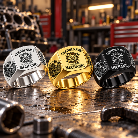 Mechanic Heritage Emblem personalized ring in Silver, Gold and Black with CUSTOM NAME and SINCE 2000 on a mechanic-themed background
