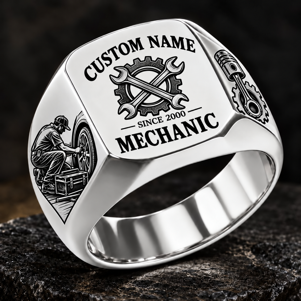 Mechanic Heritage Emblem ring in Silver, showing CUSTOM NAME and SINCE 2000