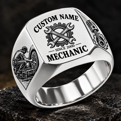 Mechanic Heritage Emblem ring in Silver, showing CUSTOM NAME and SINCE 2000