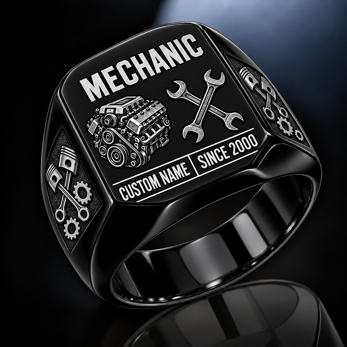 Mechanic Twin Icons ring in Black, showing CUSTOM NAME and SINCE 2000