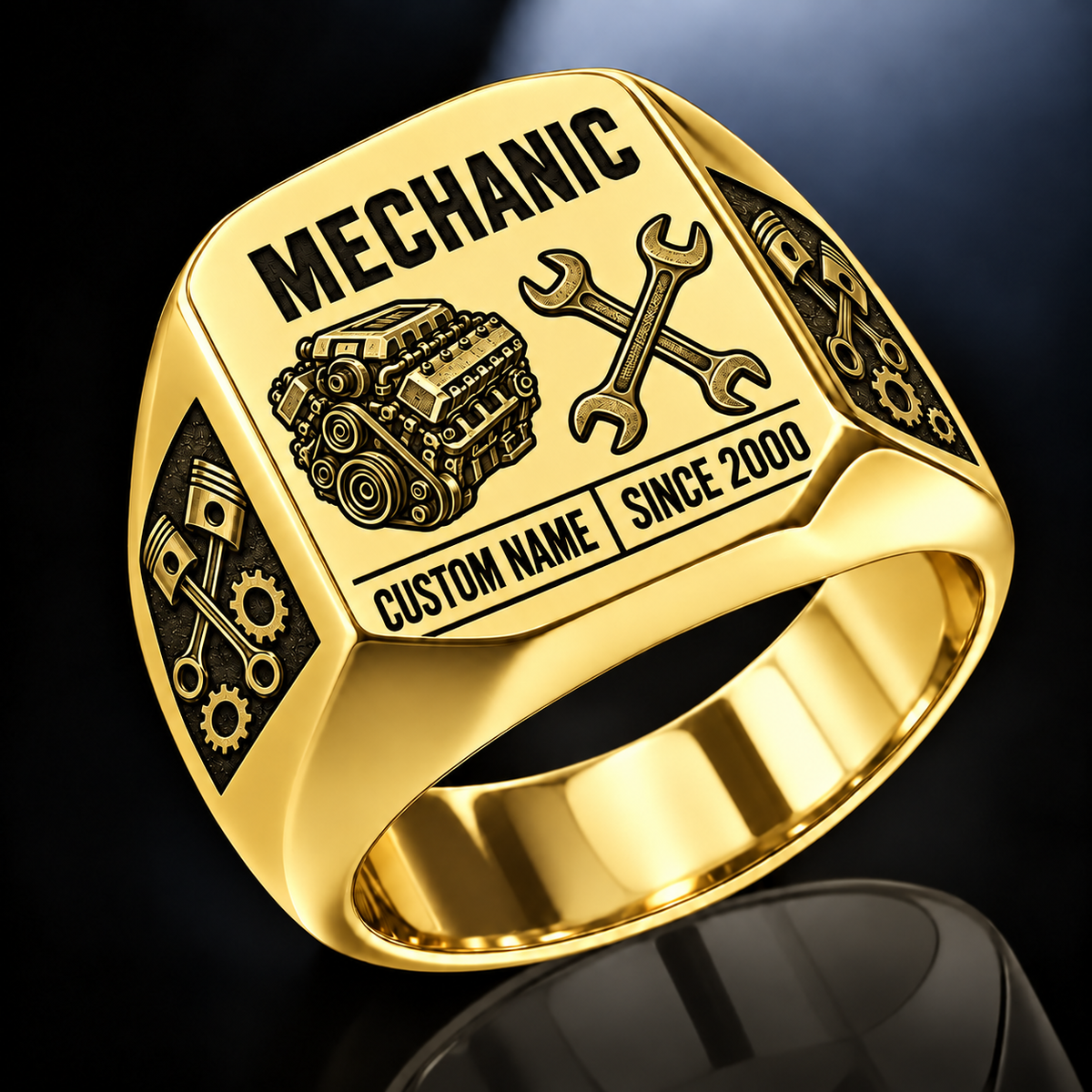 Mechanic Twin Icons ring in Gold, showing CUSTOM NAME and SINCE 2000
