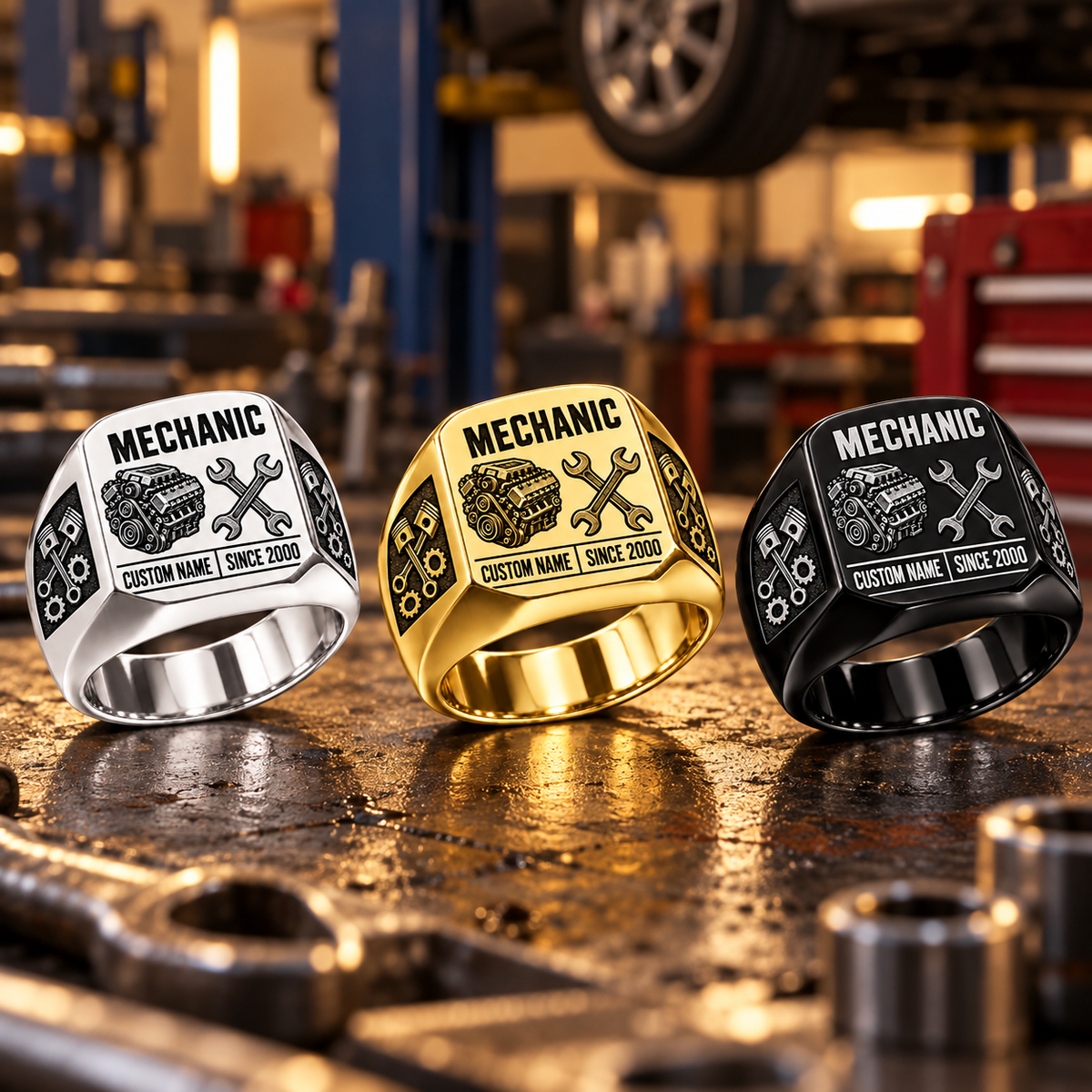 Mechanic Twin Icons personalized ring in Silver, Gold and Black with CUSTOM NAME and SINCE 2000 on a mechanic-themed background