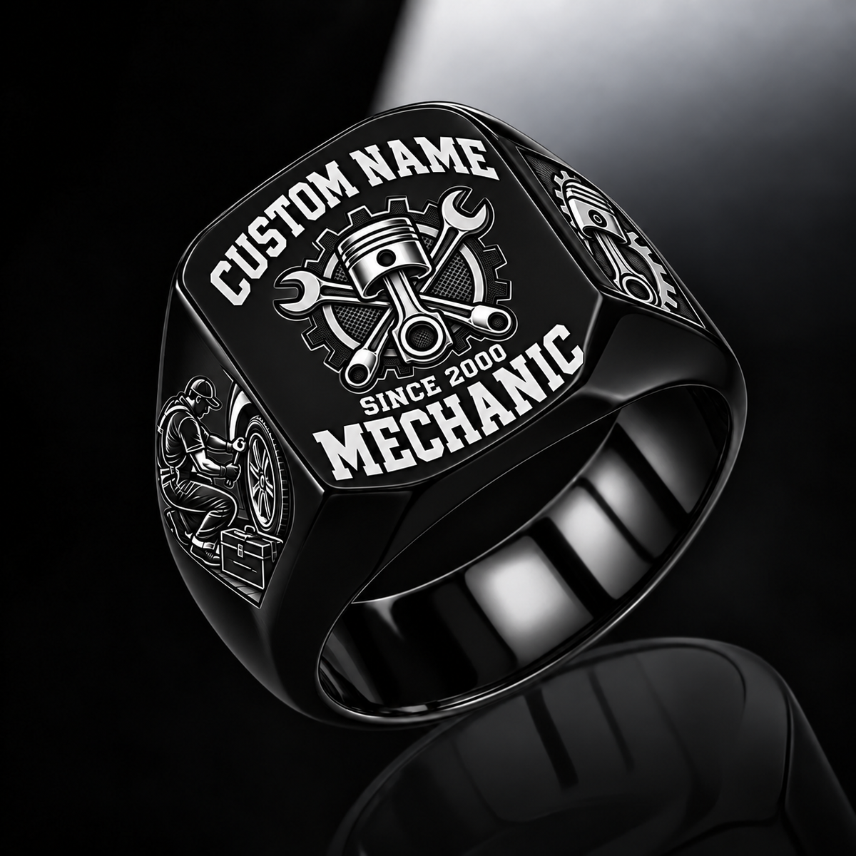 Mechanic Bold Lettering ring in Black, showing CUSTOM NAME and SINCE 2000