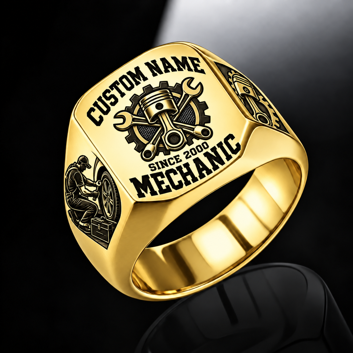 Mechanic Bold Lettering ring in Gold, showing CUSTOM NAME and SINCE 2000
