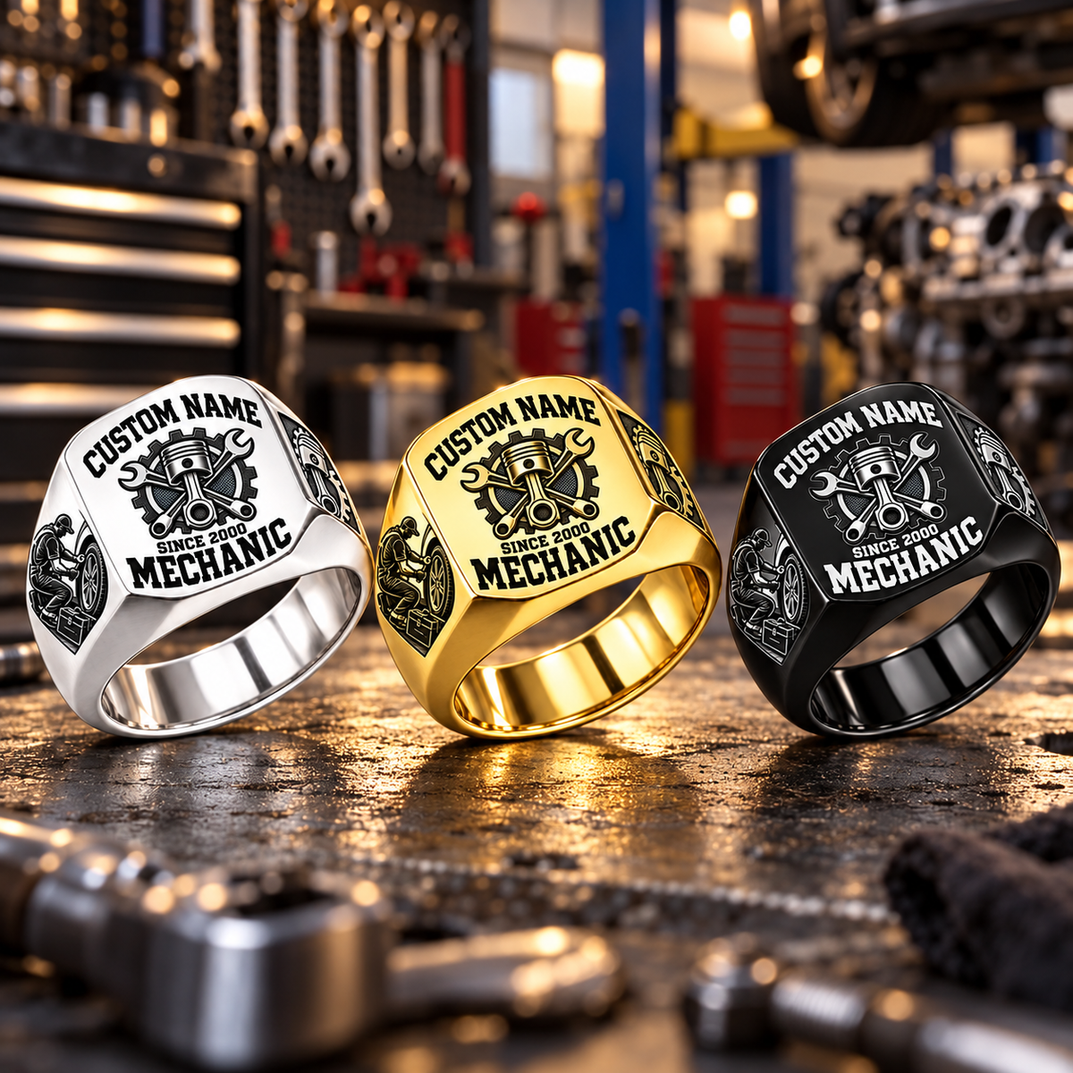 Mechanic Bold Lettering personalized ring in Silver, Gold and Black with CUSTOM NAME and SINCE 2000 on a mechanic-themed background