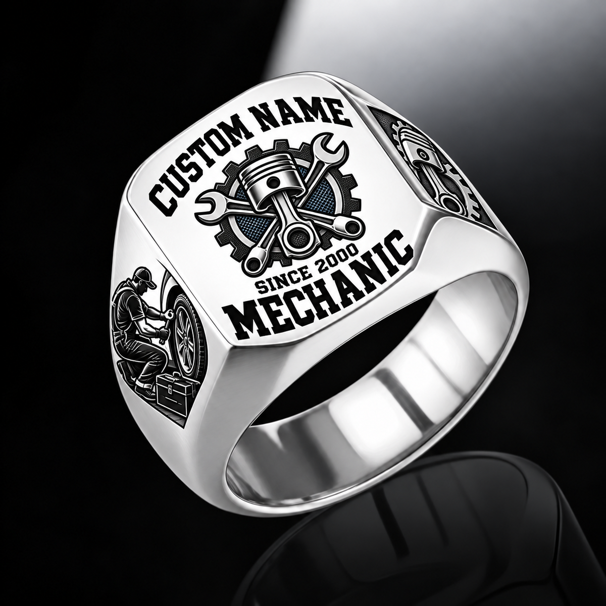 Mechanic Bold Lettering ring in Silver, showing CUSTOM NAME and SINCE 2000