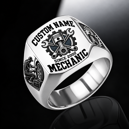 Mechanic Bold Lettering ring in Silver, showing CUSTOM NAME and SINCE 2000