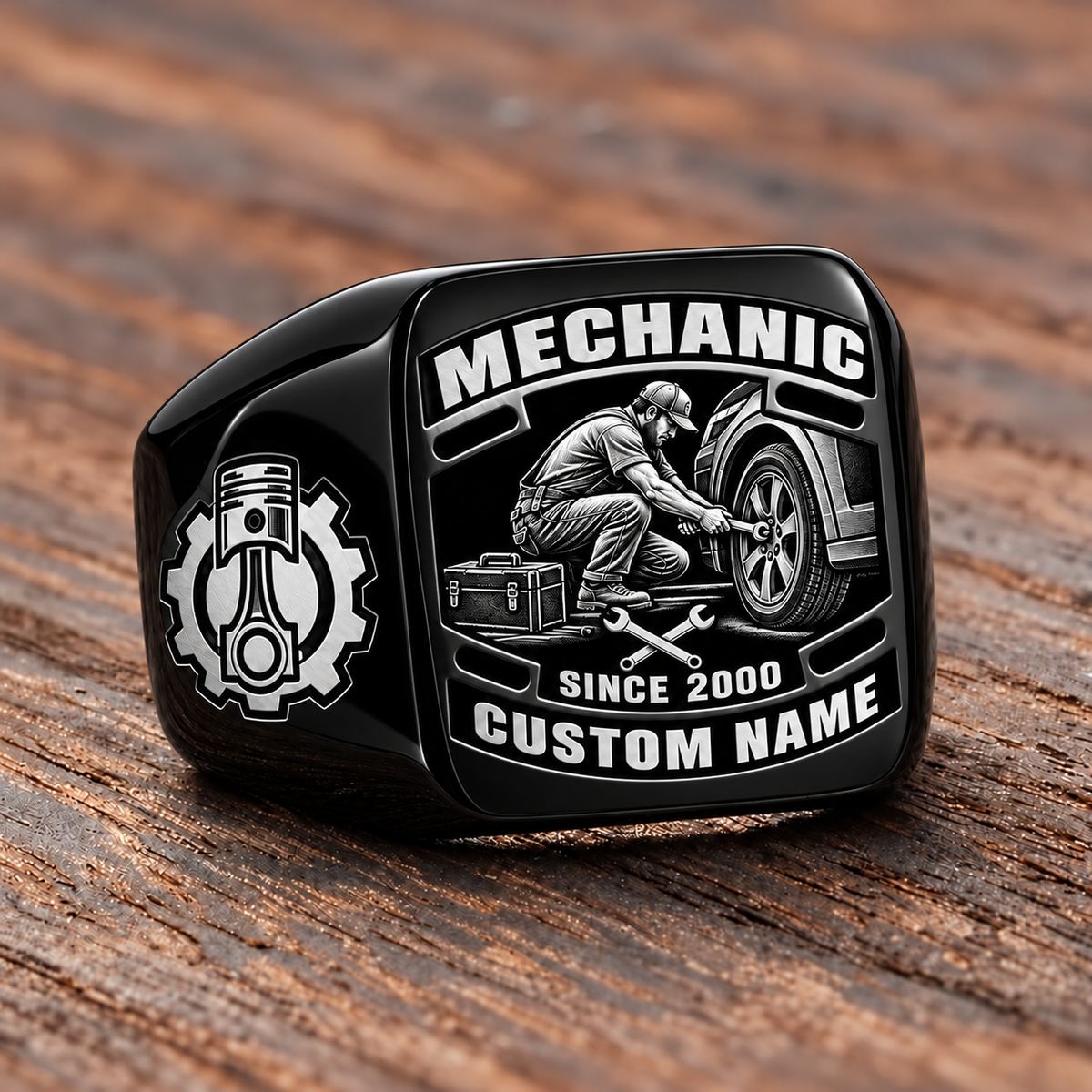 Mechanic Black Face Badge ring in Black, showing CUSTOM NAME and SINCE 2000