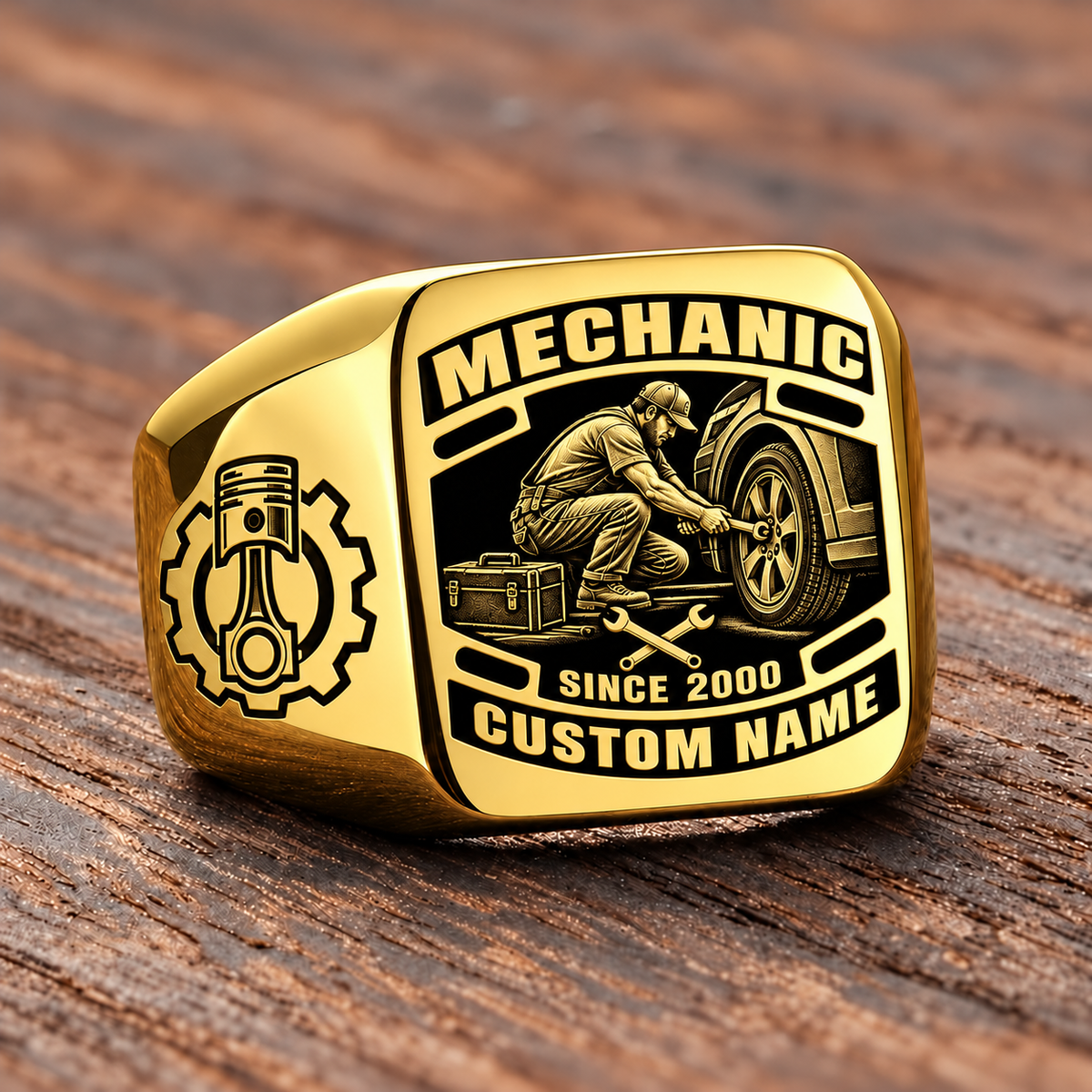 Mechanic Black Face Badge ring in Gold, showing CUSTOM NAME and SINCE 2000
