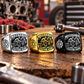 Mechanic Black Face Badge personalized ring in Silver, Gold and Black with CUSTOM NAME and SINCE 2000 on a mechanic-themed background