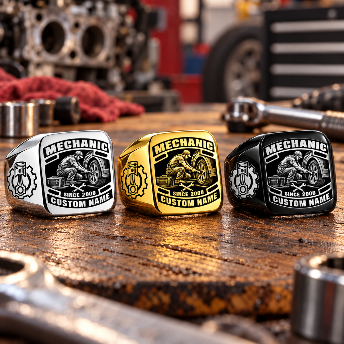 Mechanic Black Face Badge personalized ring in Silver, Gold and Black with CUSTOM NAME and SINCE 2000 on a mechanic-themed background