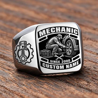 Mechanic Black Face Badge ring in Silver, showing CUSTOM NAME and SINCE 2000