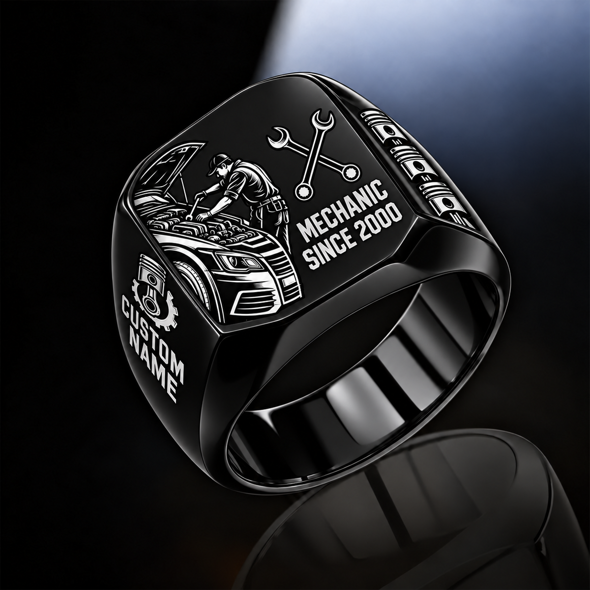 Mechanic Split Emblem ring in Black, showing CUSTOM NAME and SINCE 2000