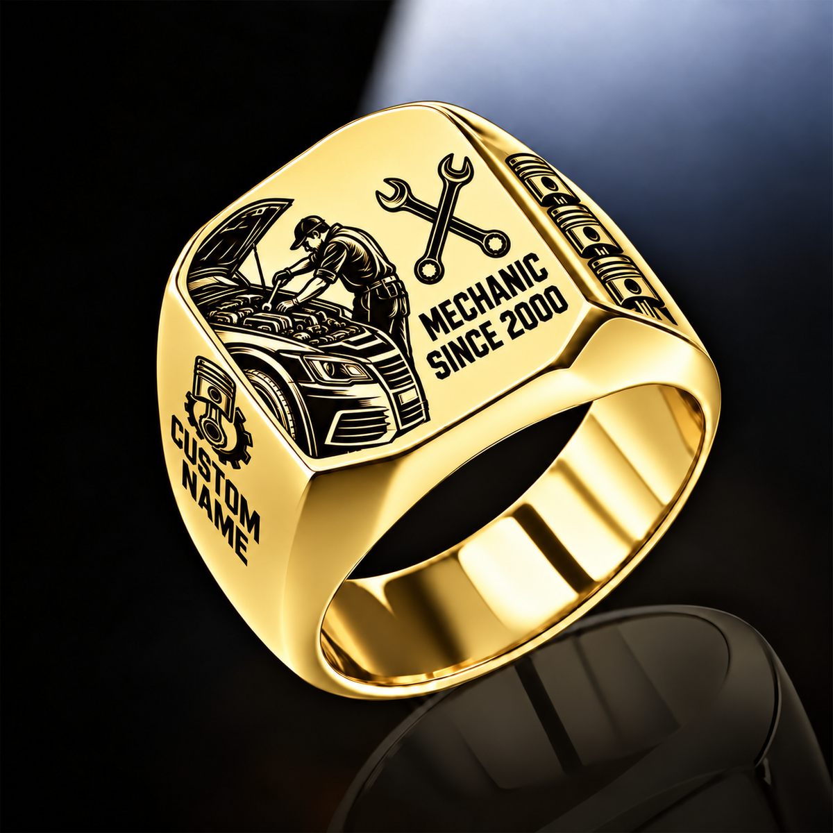 Mechanic Split Emblem ring in Gold, showing CUSTOM NAME and SINCE 2000