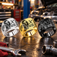 Mechanic Split Emblem personalized ring in Silver, Gold and Black with CUSTOM NAME and SINCE 2000 on a mechanic-themed background