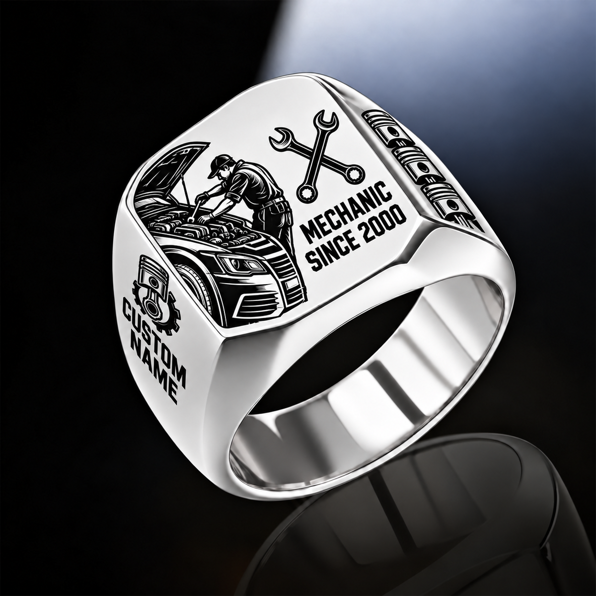 Mechanic Split Emblem ring in Silver, showing CUSTOM NAME and SINCE 2000
