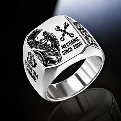 Mechanic Split Emblem ring in Silver, showing CUSTOM NAME and SINCE 2000