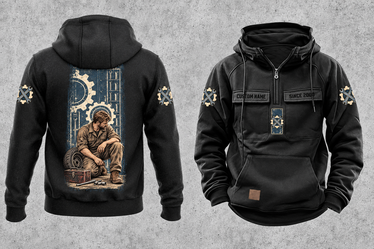 Mechanic Daily Commitment Portrait Vintage Hoodie in Black, separated full front and back views with CUSTOM NAME and SINCE 2000 chest samples, gear-and-wrench sleeve motifs and a tall kneeling mechanic illustration.