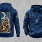 Mechanic Daily Commitment Portrait Vintage Hoodie in Dark Blue, separated full front and back views with CUSTOM NAME and SINCE 2000 chest samples, gear-and-wrench sleeve motifs and a tall kneeling mechanic illustration.