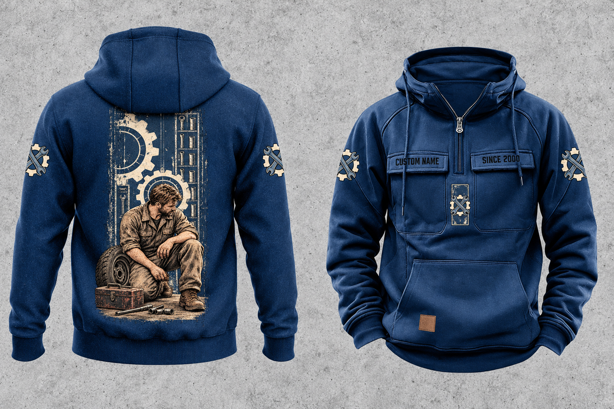 Mechanic Daily Commitment Portrait Vintage Hoodie in Dark Blue, separated full front and back views with CUSTOM NAME and SINCE 2000 chest samples, gear-and-wrench sleeve motifs and a tall kneeling mechanic illustration.